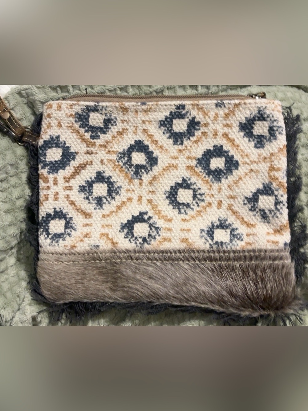 Myra Bag Beige, Navy and Tan Western Clutch with Leather Strap and Fur Trim